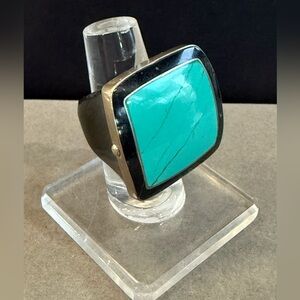 Vintage Designer Sterling Silver Carved Black Wood Turquoise Ring Size 8.5